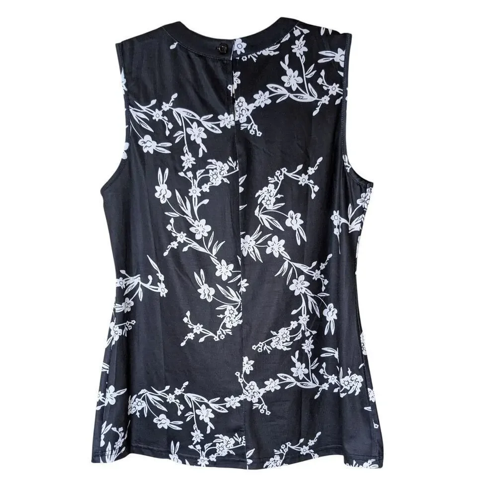 Micoson Crew Neck Sleeveless Floral Black/White Blouse Size M